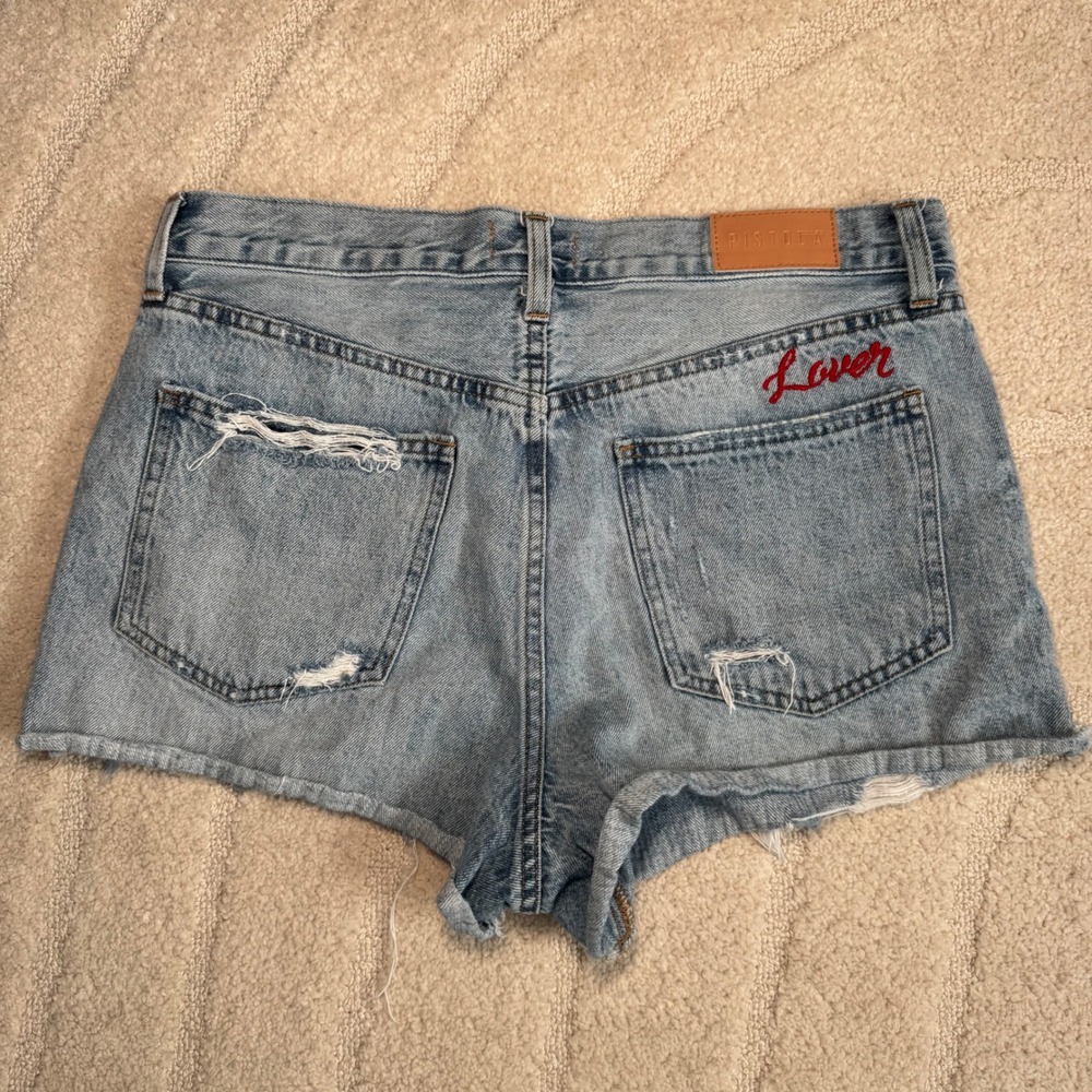 Pistola Lover Embroidered Distressed Denim Shorts Light Wash High Rise Size 29